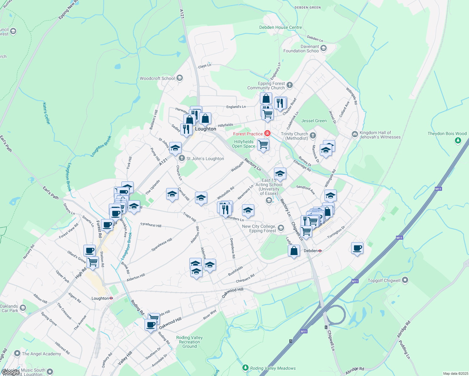 map of restaurants, bars, coffee shops, grocery stores, and more near 56 Whitehills Road in Essex