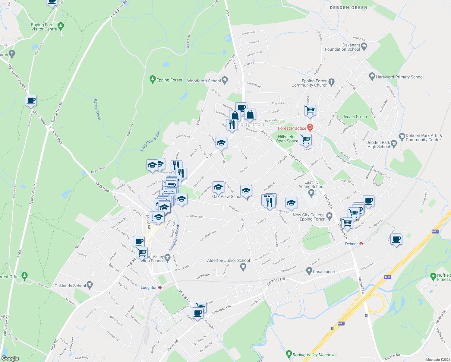 map of restaurants, bars, coffee shops, grocery stores, and more near 20 Carroll Hill in Essex
