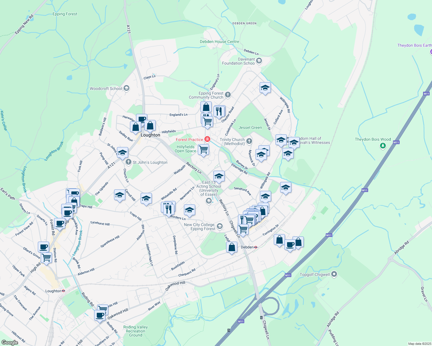 map of restaurants, bars, coffee shops, grocery stores, and more near 28 Harvey Gardens in Essex