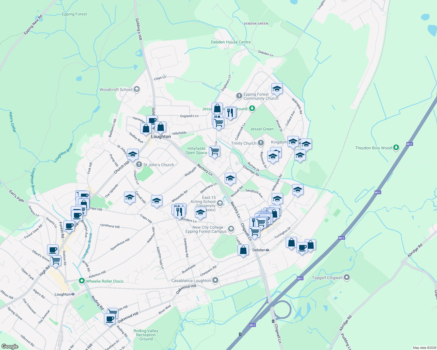 map of restaurants, bars, coffee shops, grocery stores, and more near 58 Lawton Road in Essex