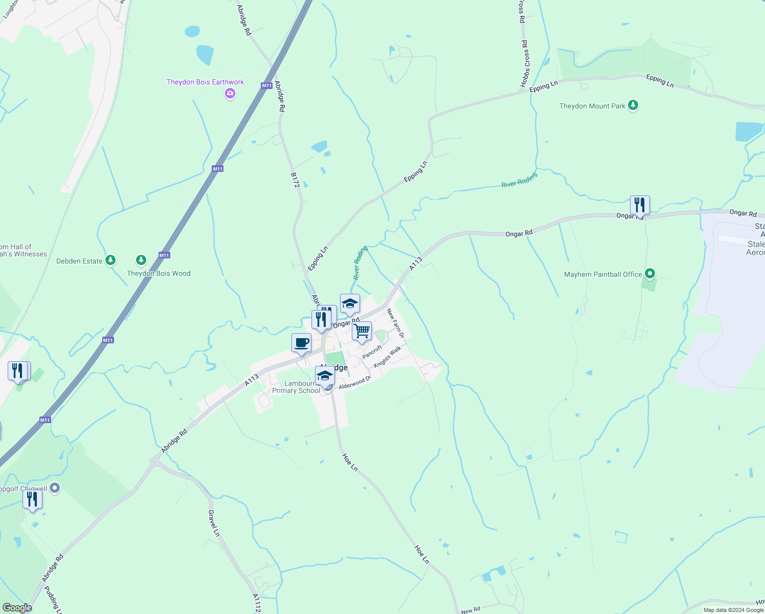 map of restaurants, bars, coffee shops, grocery stores, and more near 29 Ongar Road in Abridge
