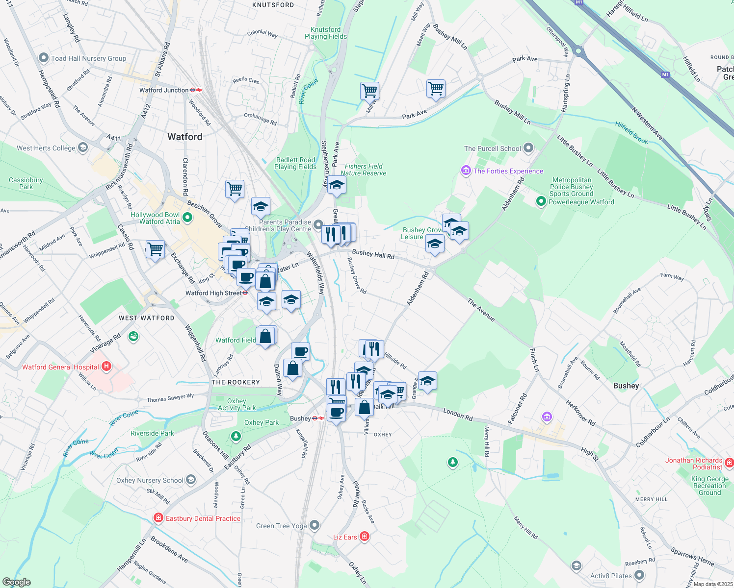 map of restaurants, bars, coffee shops, grocery stores, and more near Bushey Grove Road in Hertfordshire