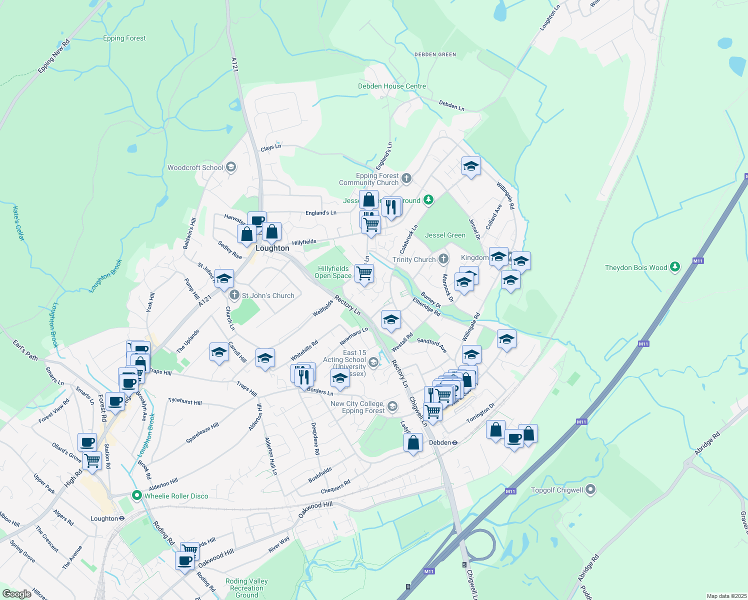 map of restaurants, bars, coffee shops, grocery stores, and more near 58 Lawton Road in Essex