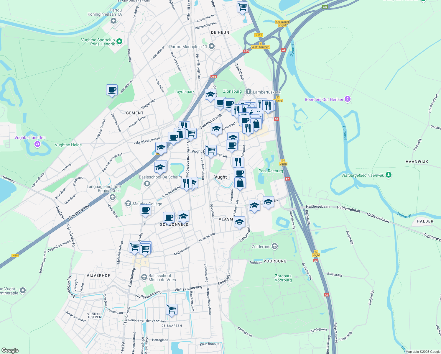 map of restaurants, bars, coffee shops, grocery stores, and more near in Vught