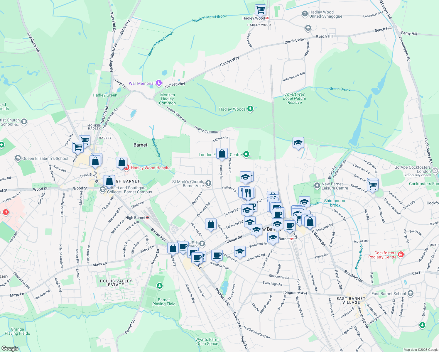 map of restaurants, bars, coffee shops, grocery stores, and more near 81 Hadley Road in Greater London