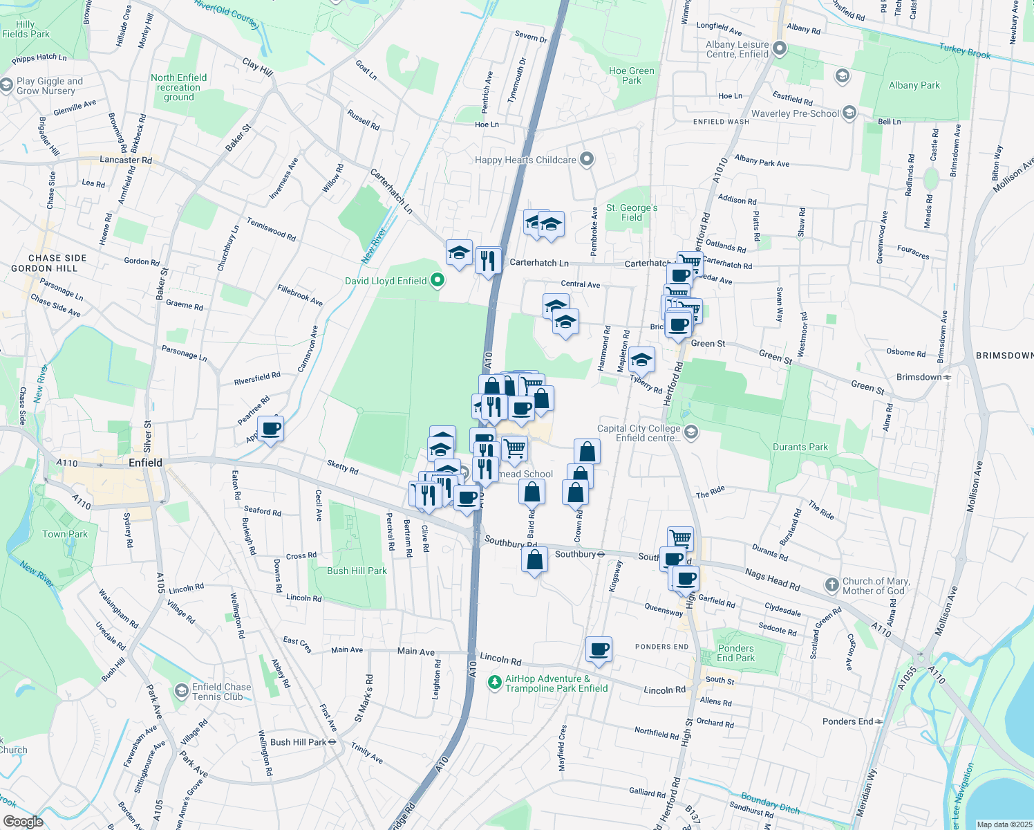map of restaurants, bars, coffee shops, grocery stores, and more near Crown Road in Greater London
