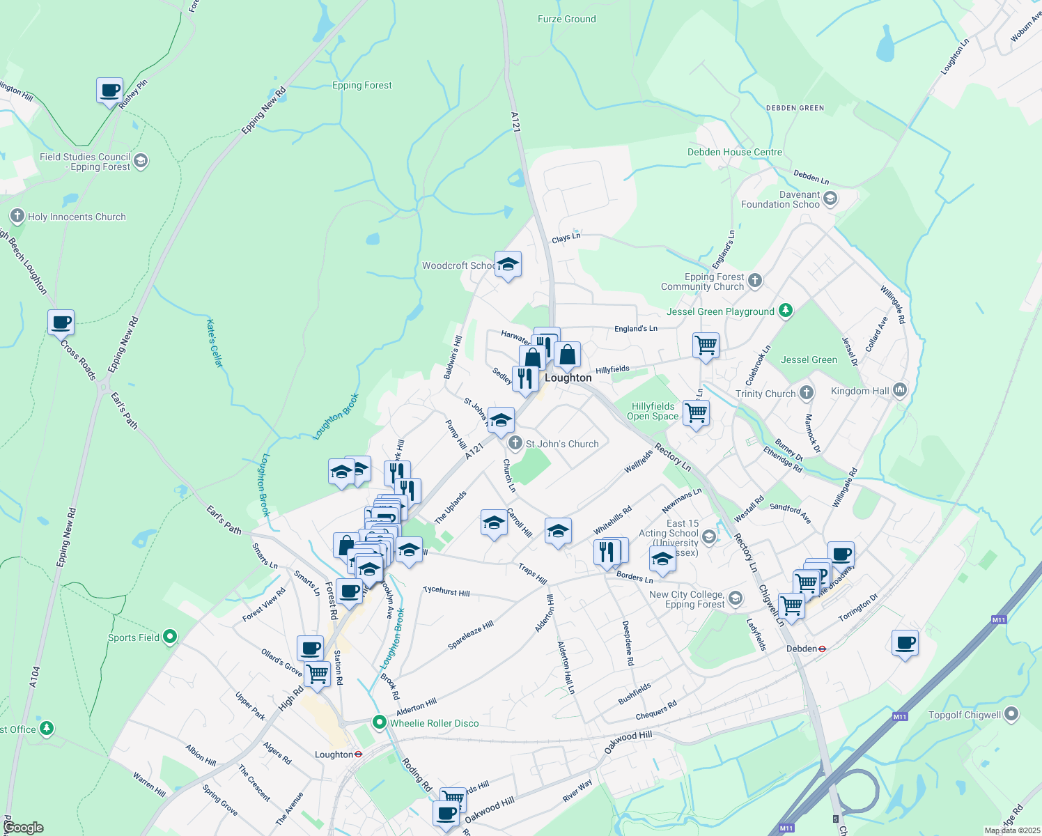 map of restaurants, bars, coffee shops, grocery stores, and more near in Loughton