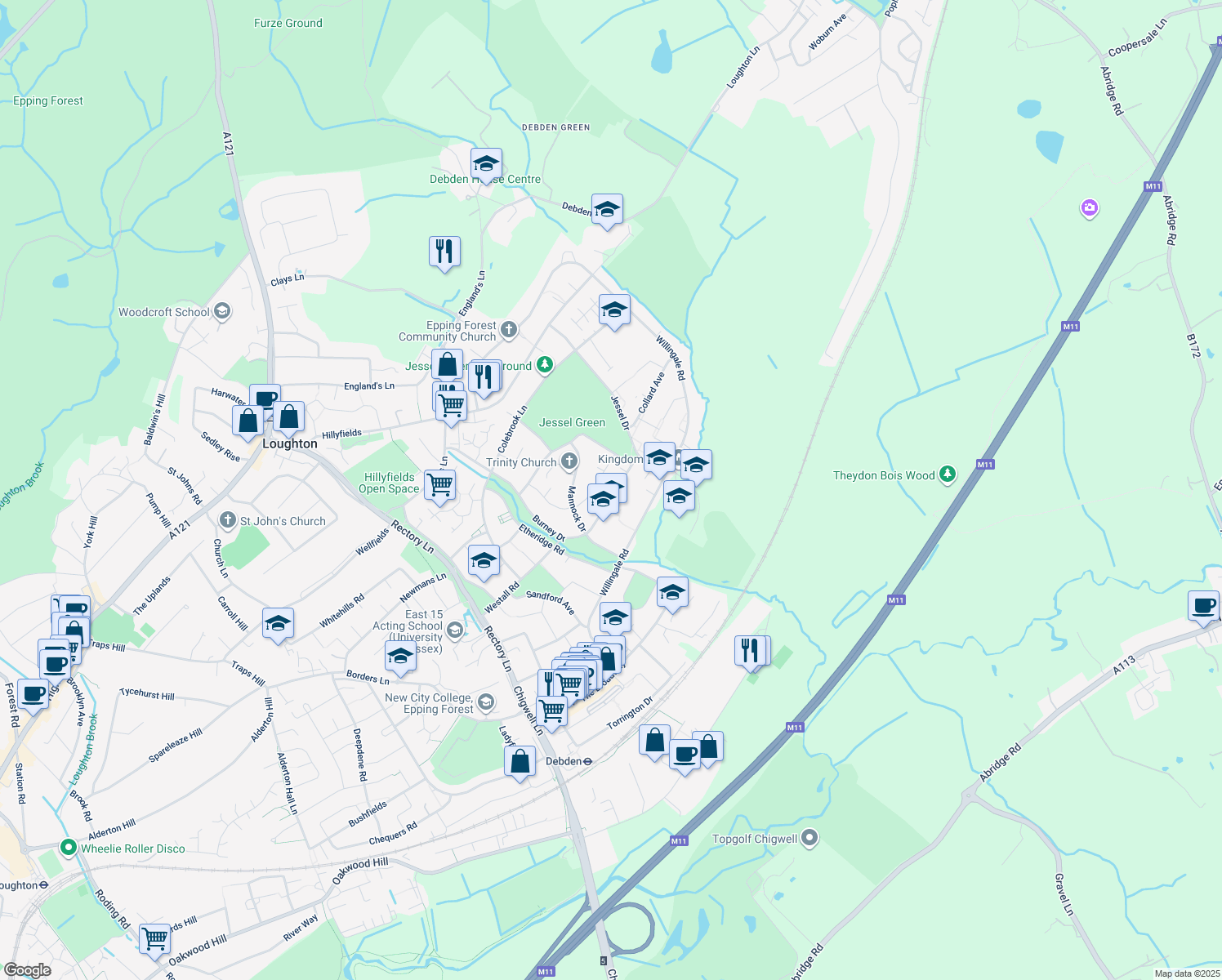 map of restaurants, bars, coffee shops, grocery stores, and more near in Loughton
