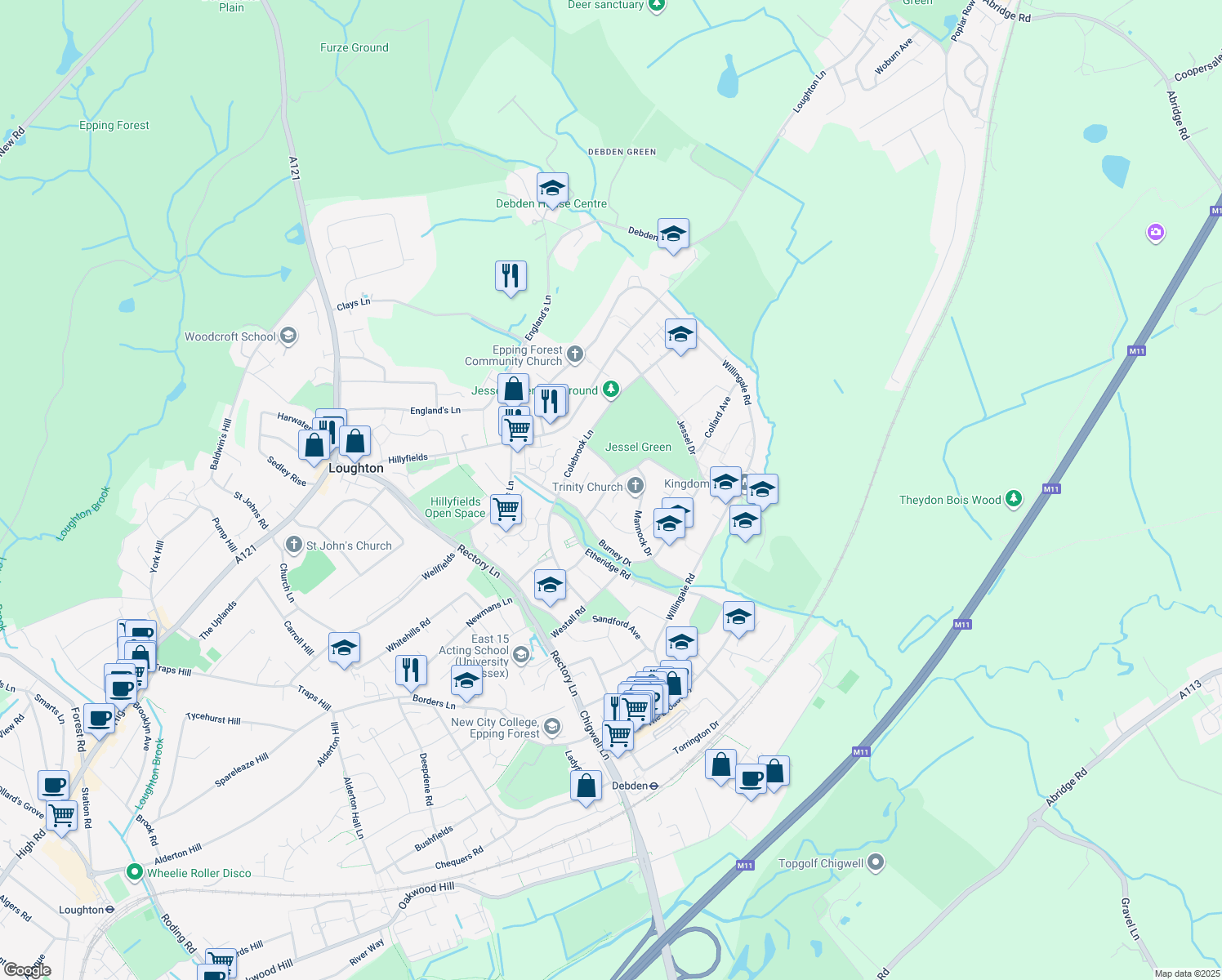 map of restaurants, bars, coffee shops, grocery stores, and more near in Loughton