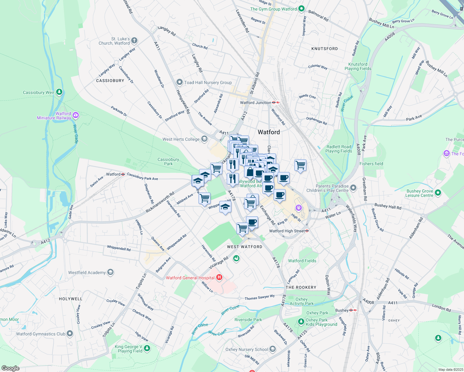 map of restaurants, bars, coffee shops, grocery stores, and more near 28 Upton Road in Hertfordshire
