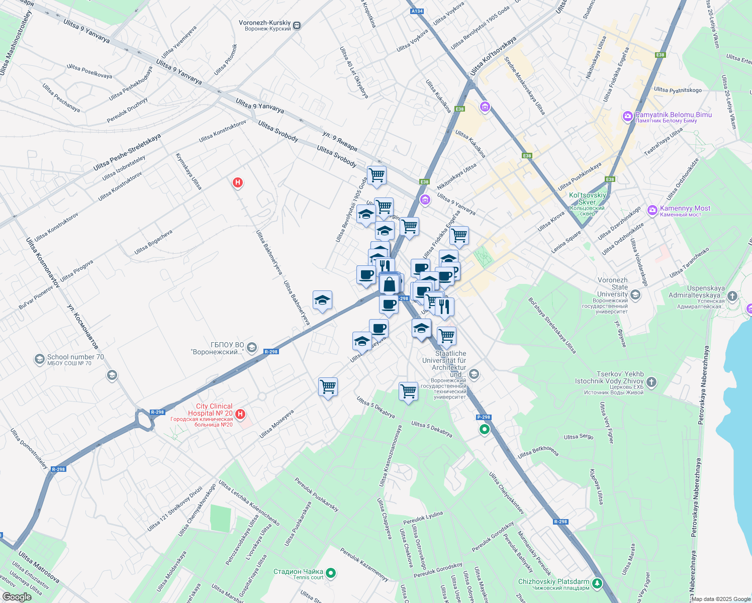 map of restaurants, bars, coffee shops, grocery stores, and more near in Voronezh