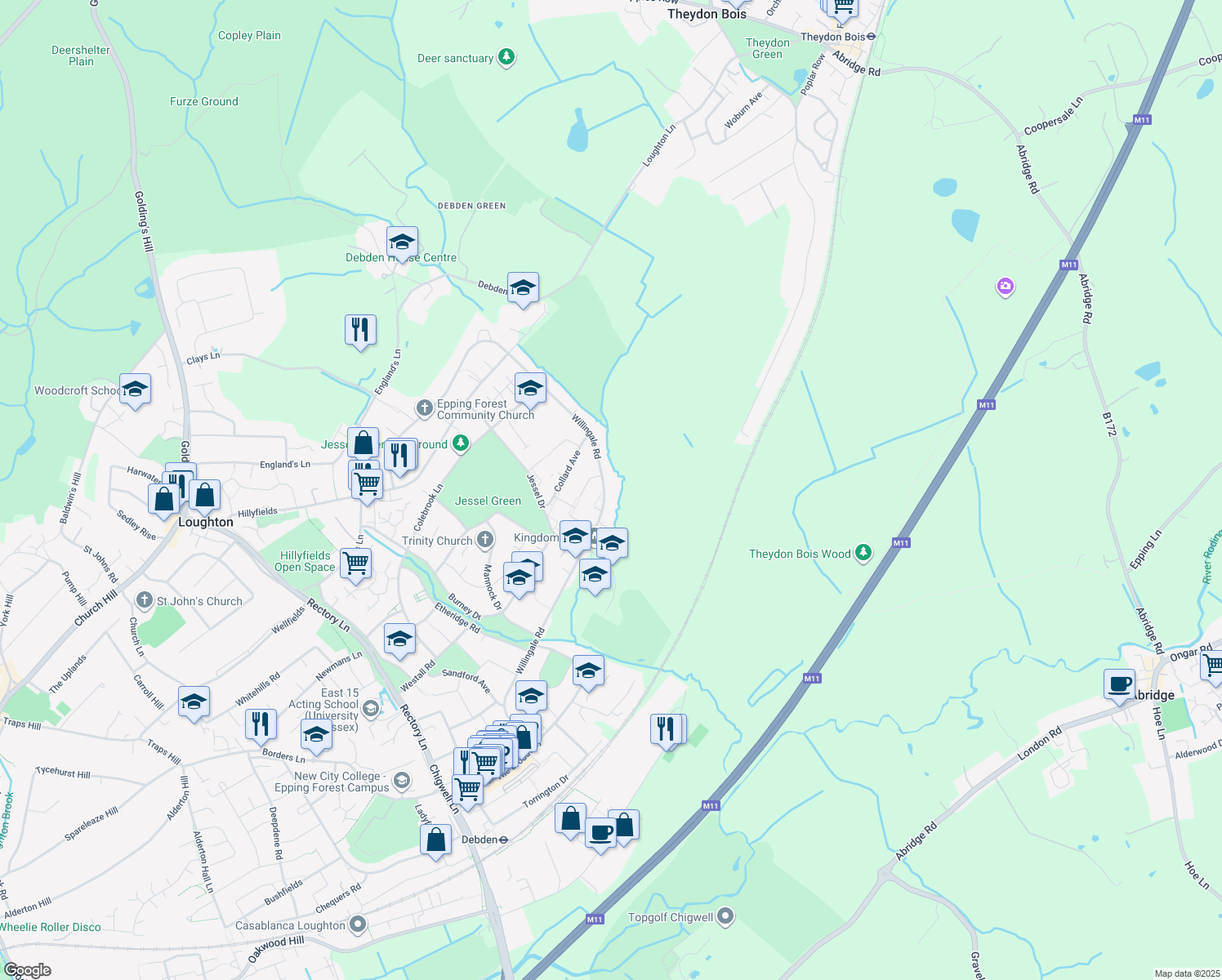 map of restaurants, bars, coffee shops, grocery stores, and more near 187 Willingale Road in Essex