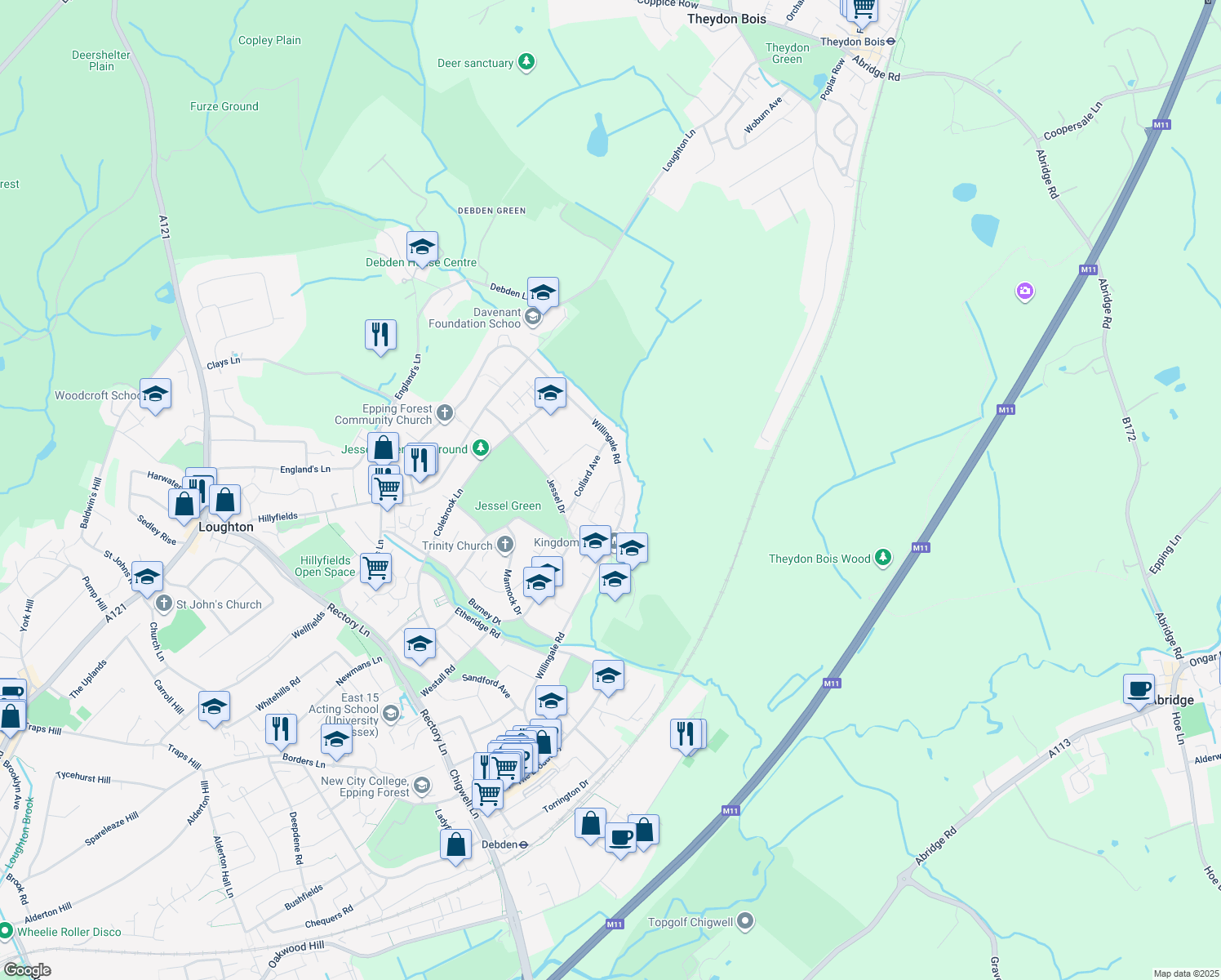 map of restaurants, bars, coffee shops, grocery stores, and more near 42 Audley Gardens in Essex