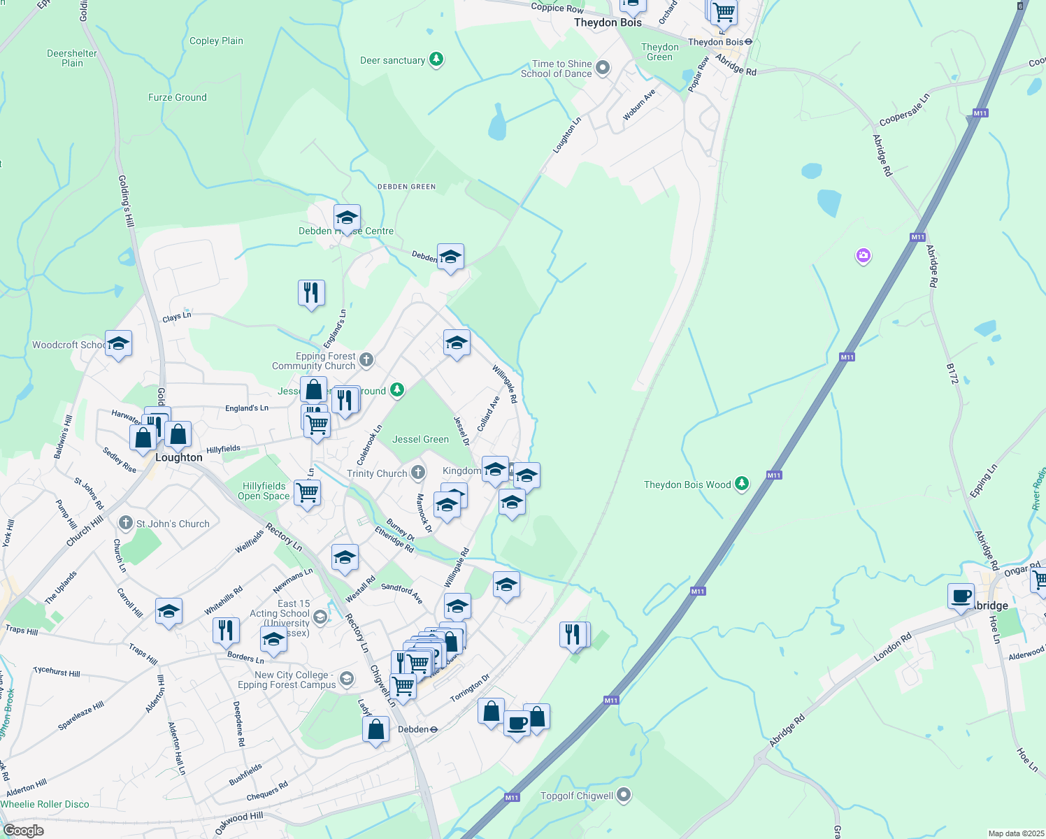 map of restaurants, bars, coffee shops, grocery stores, and more near 187 Willingale Road in Essex