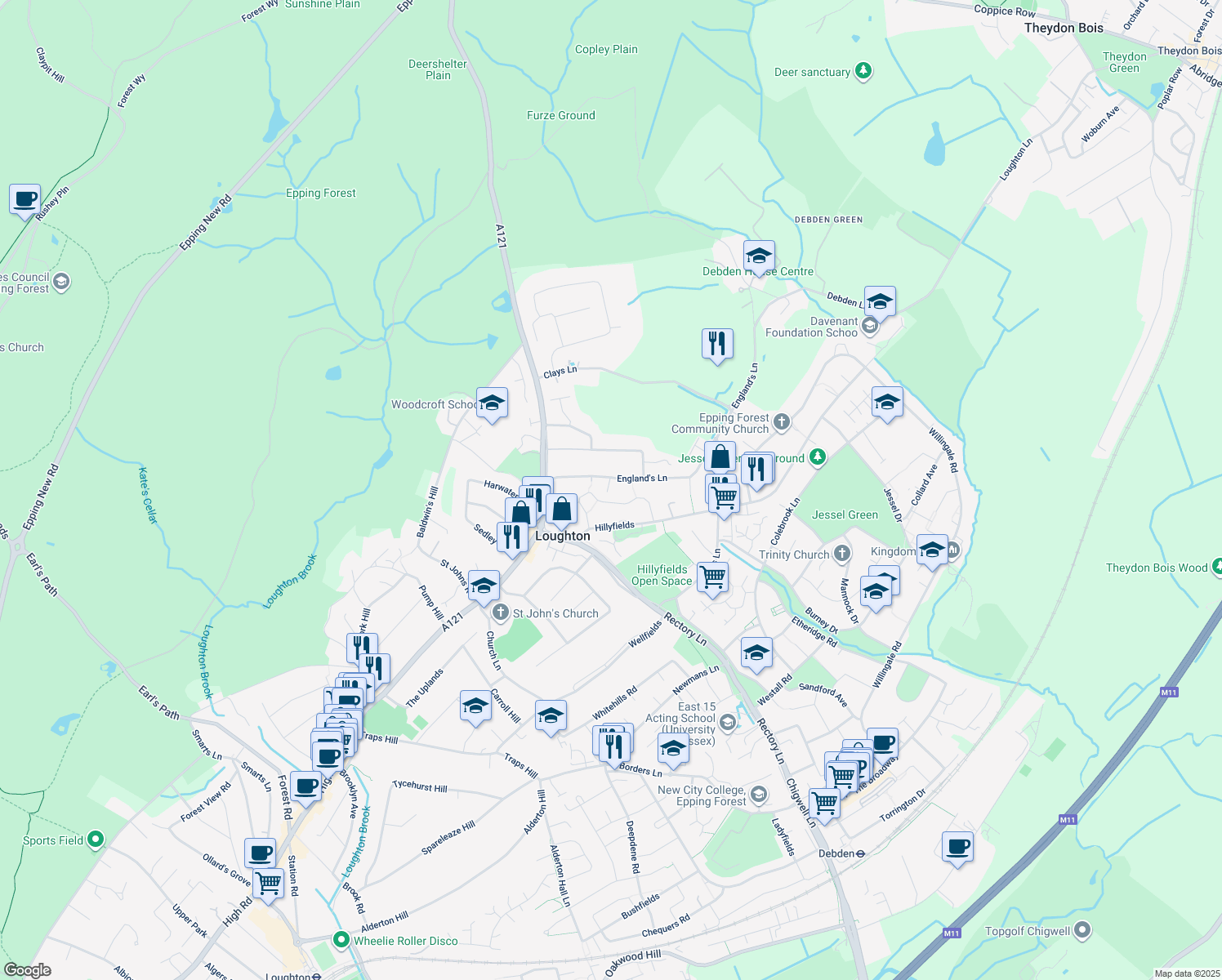 map of restaurants, bars, coffee shops, grocery stores, and more near in Essex