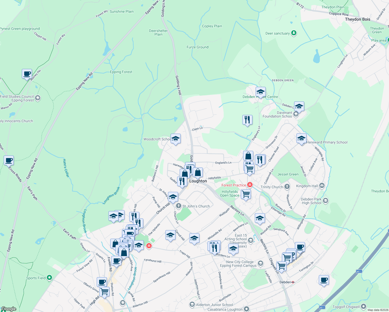 map of restaurants, bars, coffee shops, grocery stores, and more near 29 Lower Road in Essex