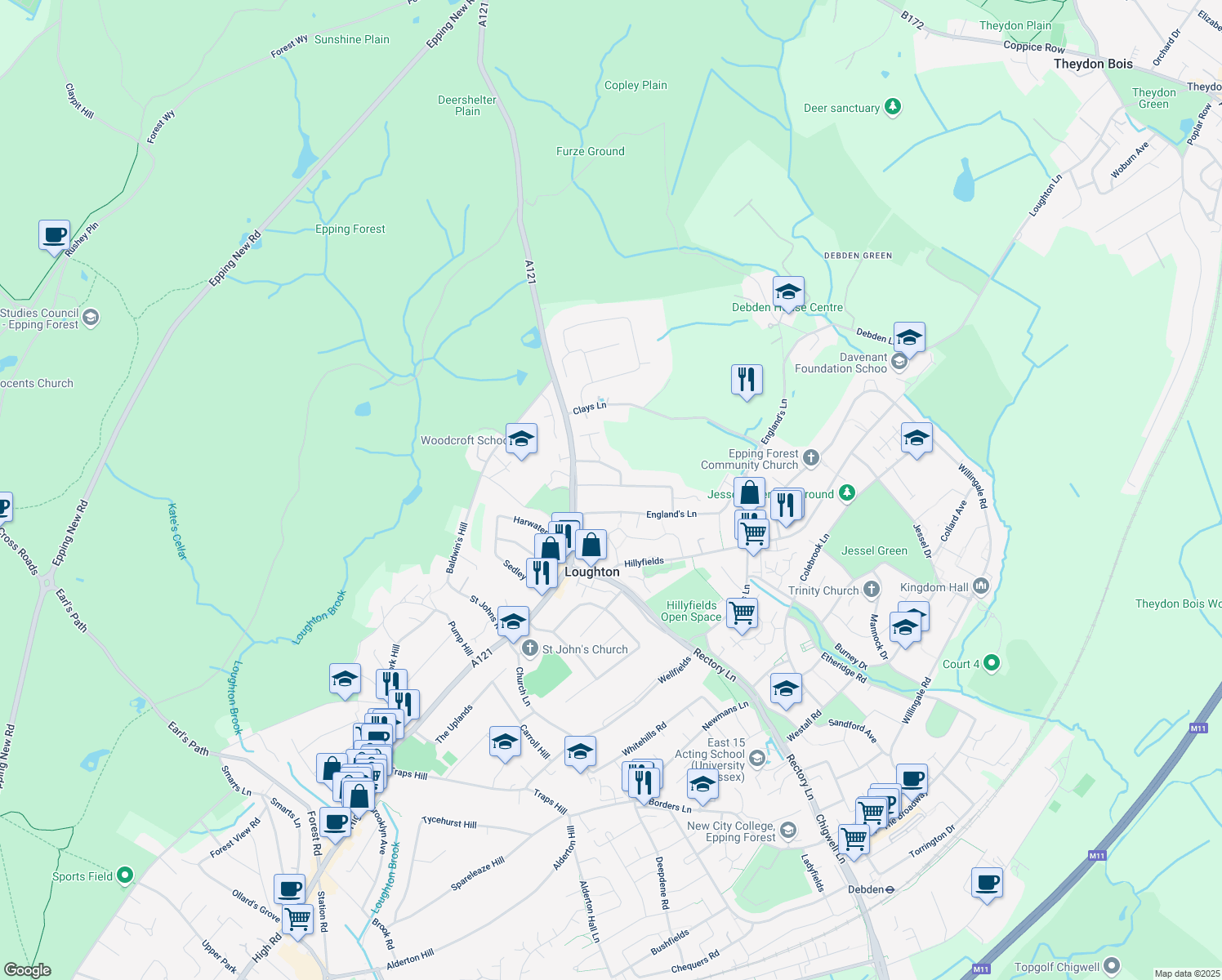 map of restaurants, bars, coffee shops, grocery stores, and more near 29 Copper Beech Court in Essex
