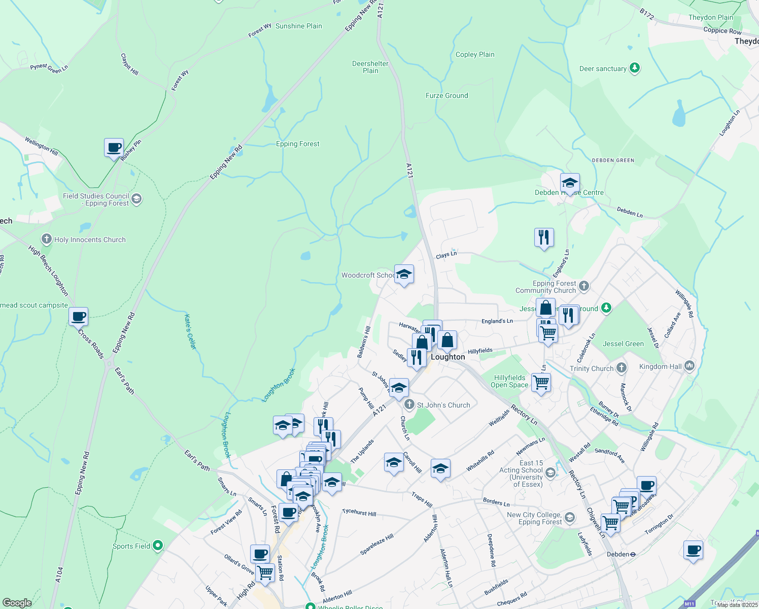 map of restaurants, bars, coffee shops, grocery stores, and more near in Loughton