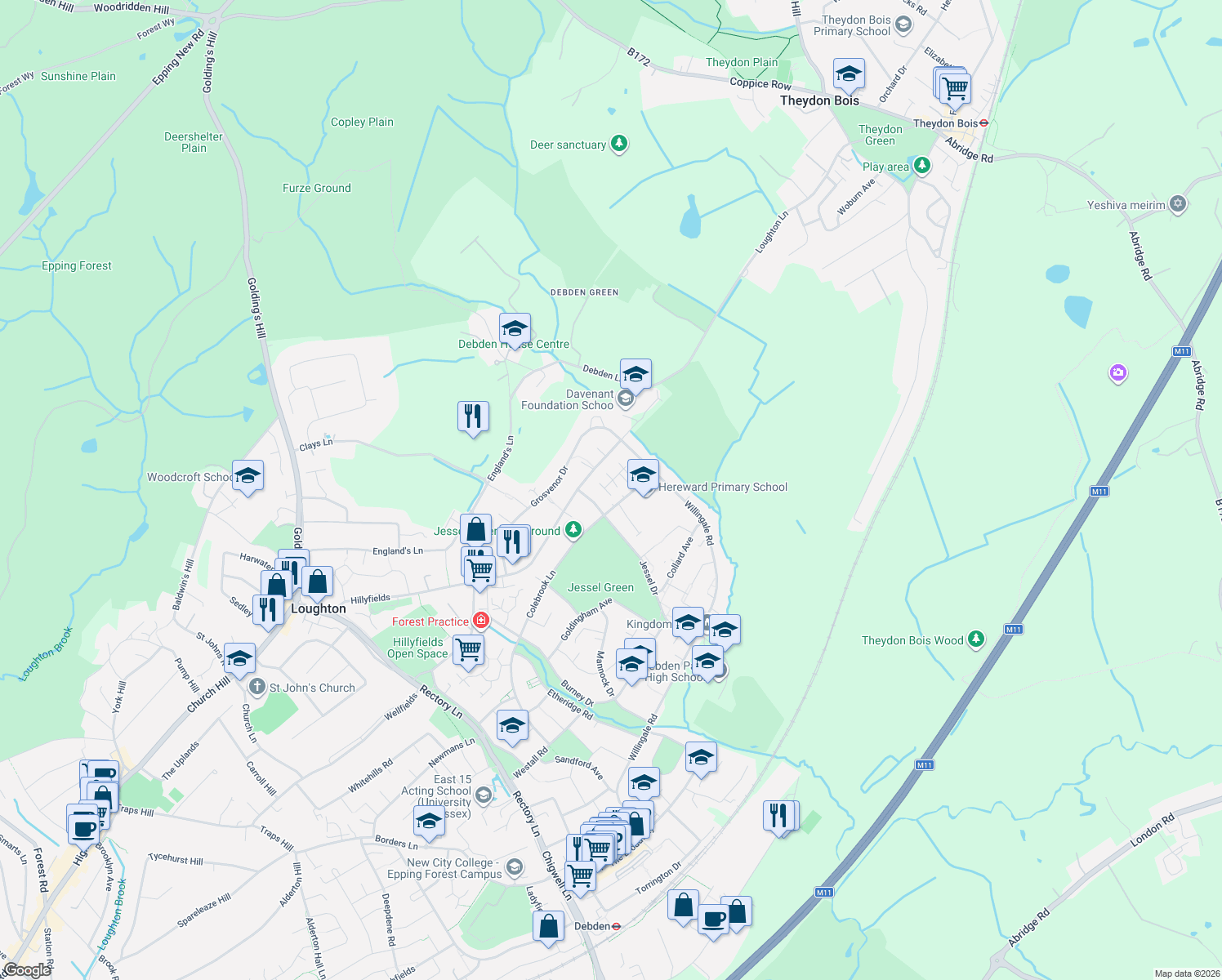 map of restaurants, bars, coffee shops, grocery stores, and more near 11 Hereward Green in Essex