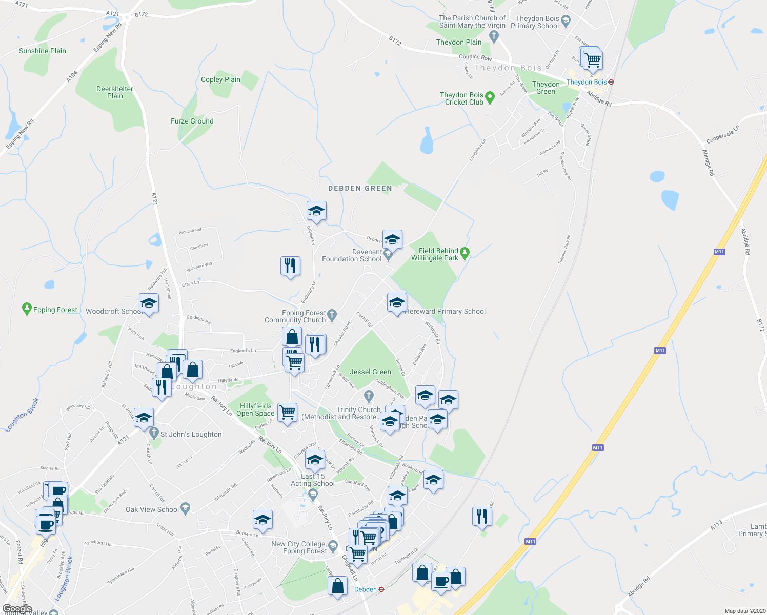 map of restaurants, bars, coffee shops, grocery stores, and more near 11 Hereward Green in Essex