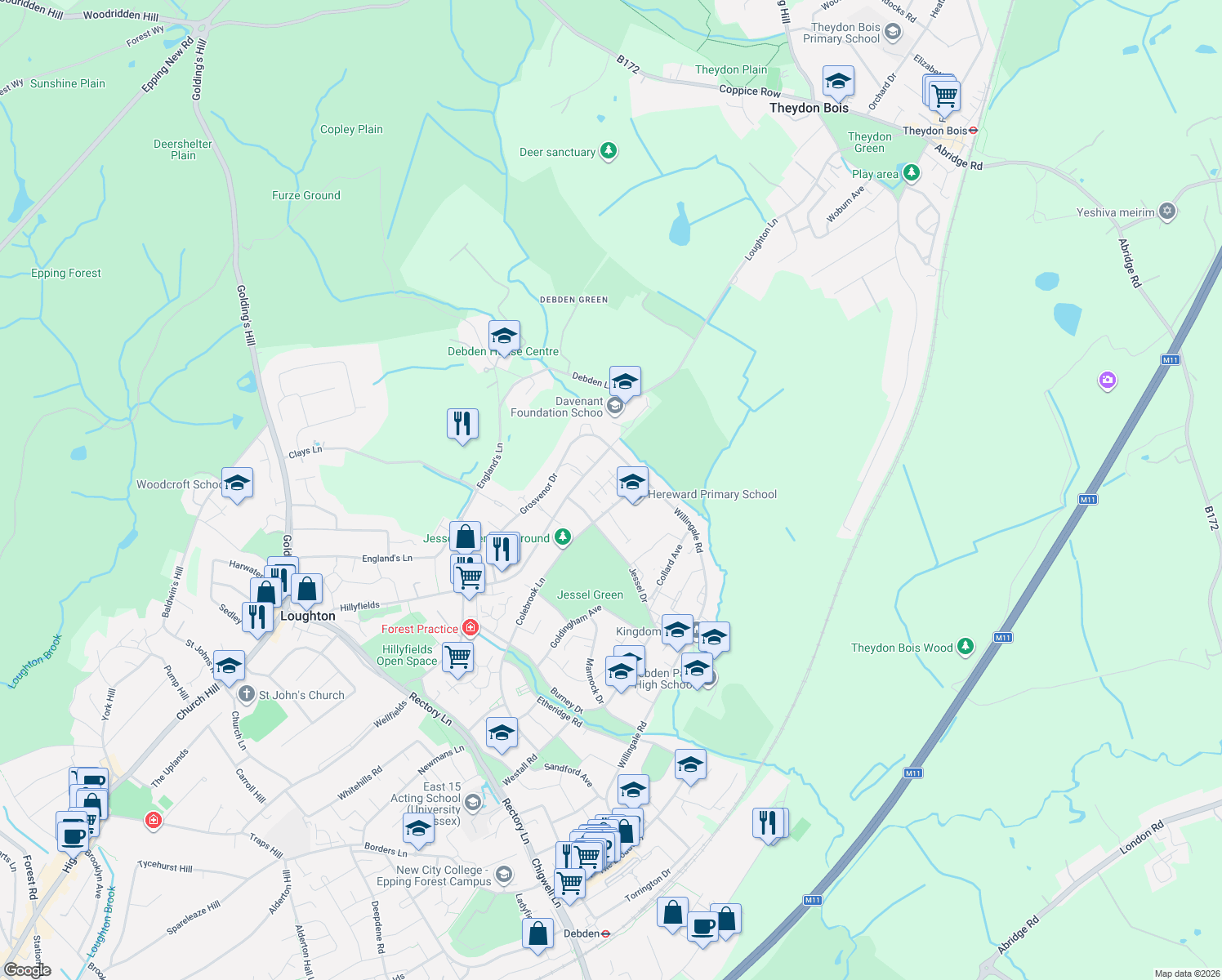 map of restaurants, bars, coffee shops, grocery stores, and more near 11 Hereward Green in Essex