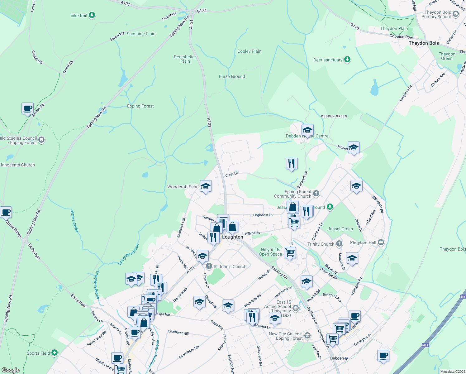 map of restaurants, bars, coffee shops, grocery stores, and more near 24 Goldings Rise in Essex