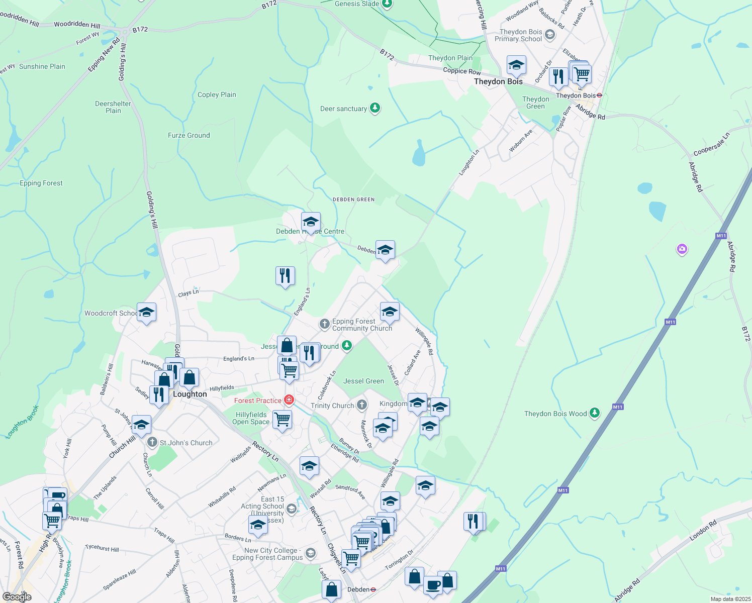 map of restaurants, bars, coffee shops, grocery stores, and more near 167 Grosvenor Drive in Essex