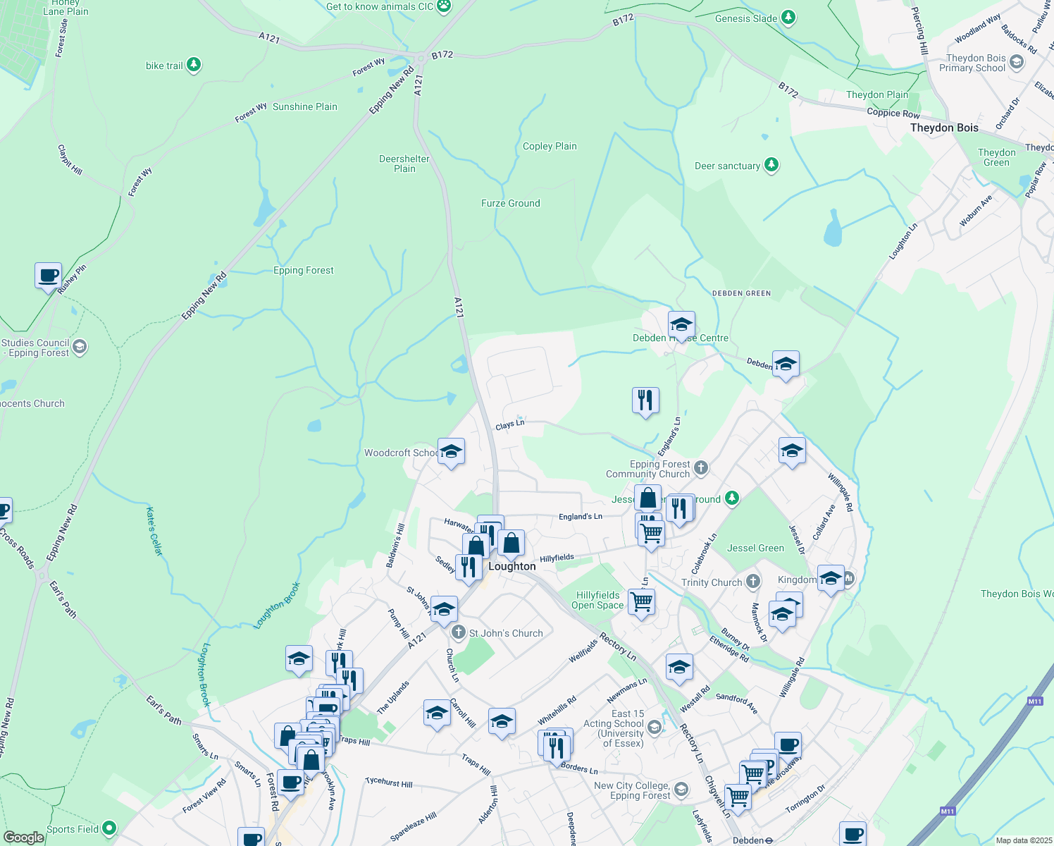 map of restaurants, bars, coffee shops, grocery stores, and more near 20 Clays Lane in Essex