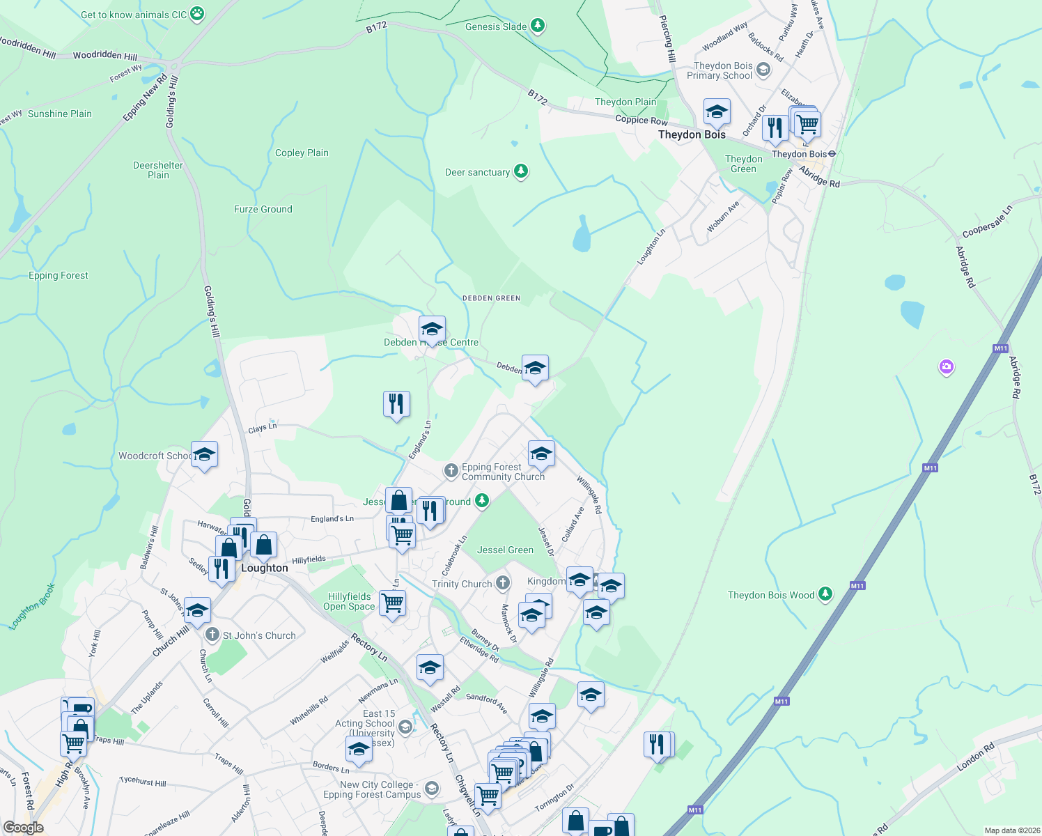 map of restaurants, bars, coffee shops, grocery stores, and more near 167 Grosvenor Drive in Essex