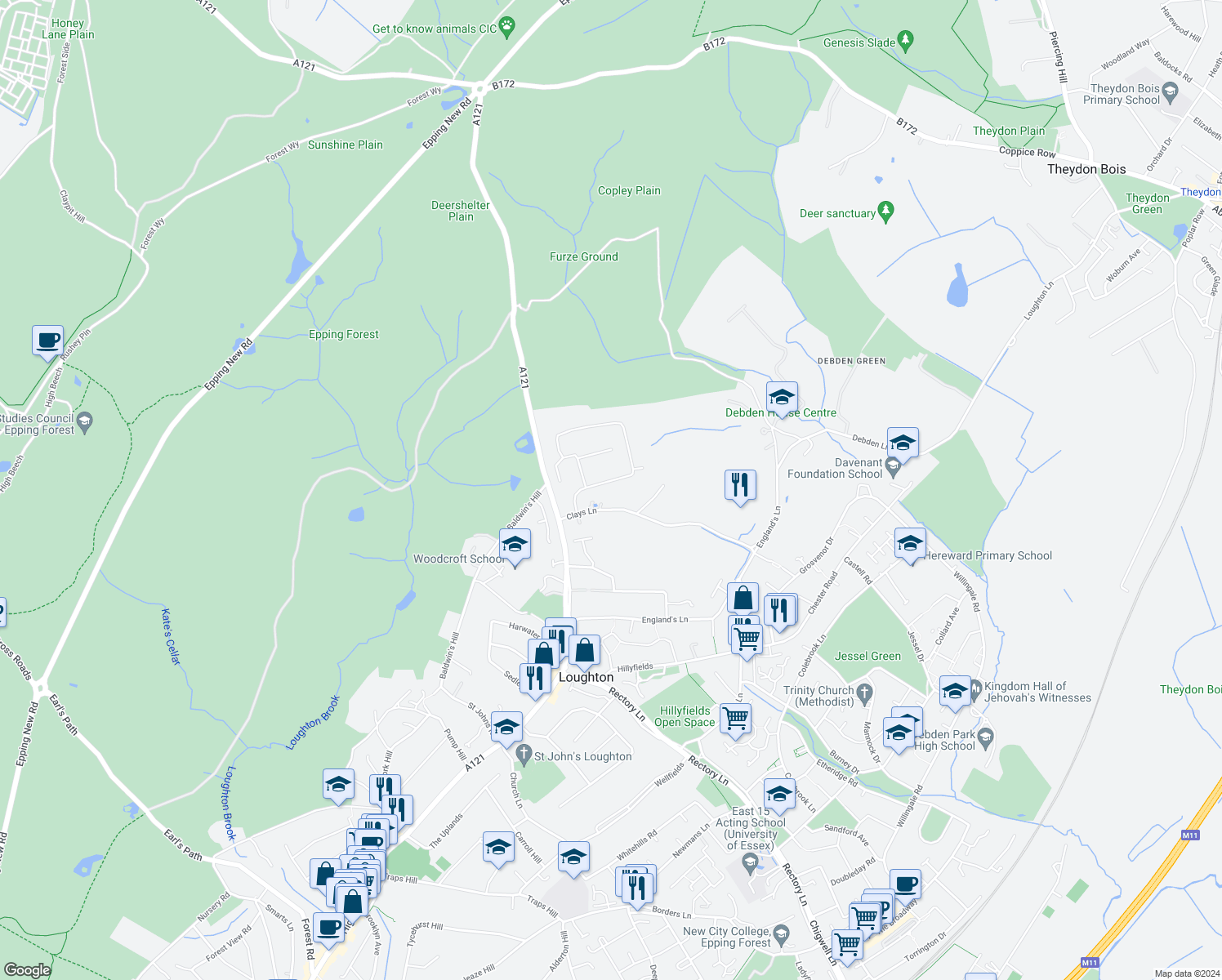 map of restaurants, bars, coffee shops, grocery stores, and more near 20 Clays Lane in Essex