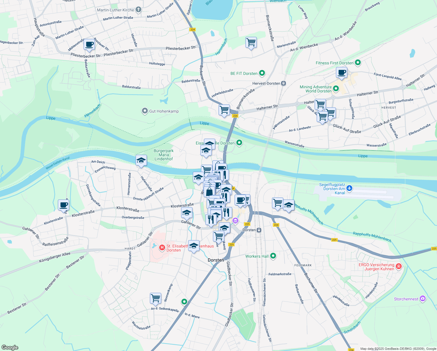 map of restaurants, bars, coffee shops, grocery stores, and more near 61 Westwall in Dorsten