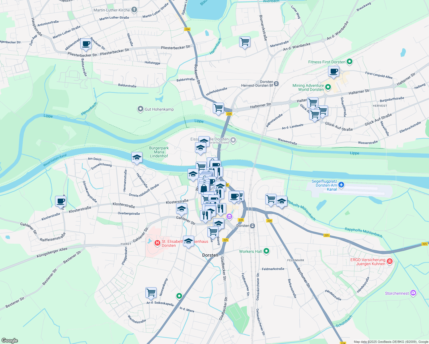map of restaurants, bars, coffee shops, grocery stores, and more near 61 Westwall in Dorsten