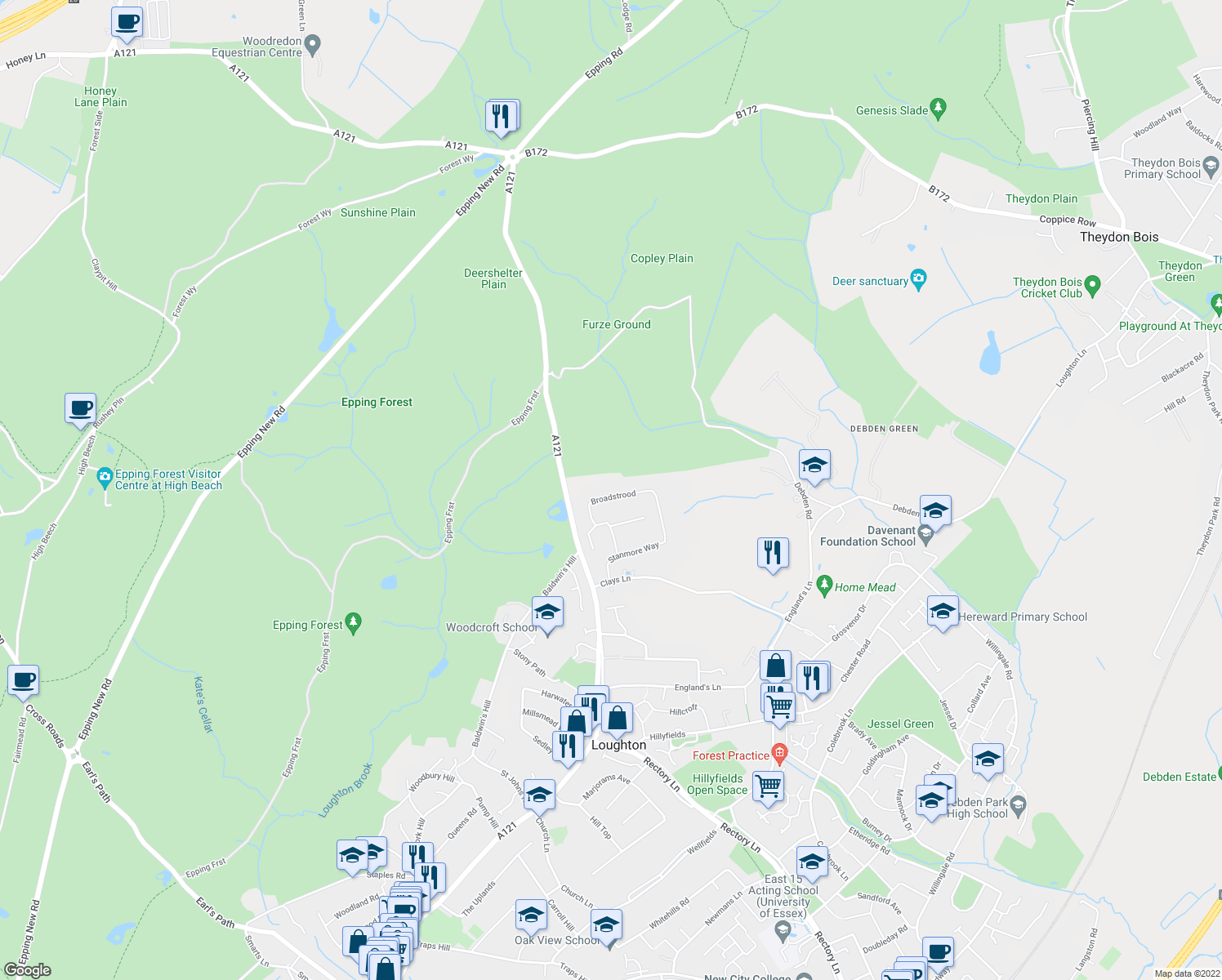 map of restaurants, bars, coffee shops, grocery stores, and more near 25 Broadstrood in Essex