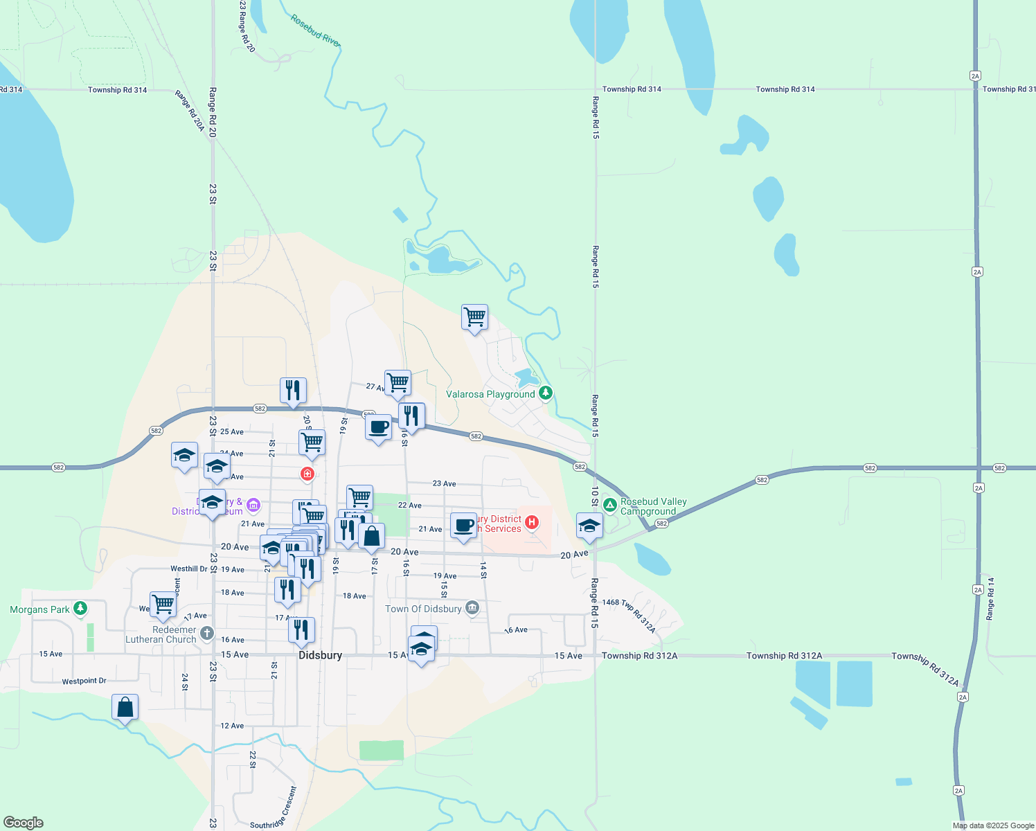 map of restaurants, bars, coffee shops, grocery stores, and more near 213 200 Valarosa Place in Didsbury