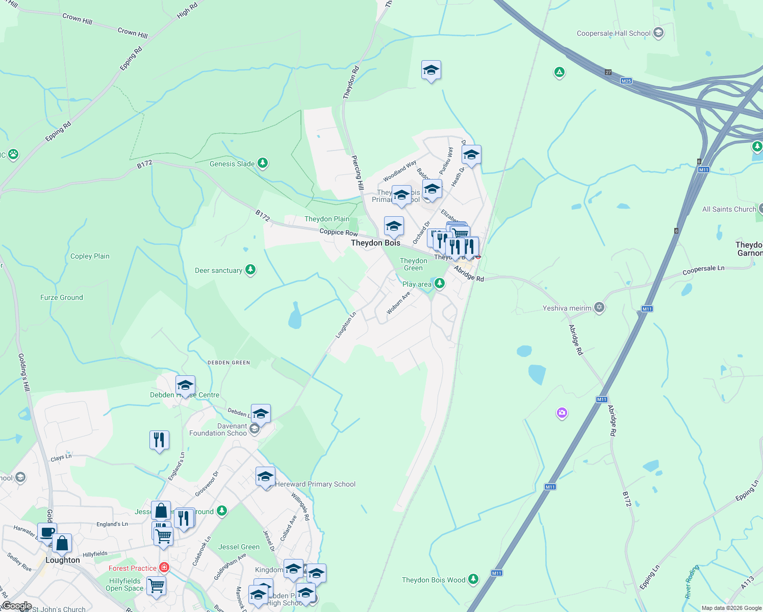 map of restaurants, bars, coffee shops, grocery stores, and more near 16 Hornbeam Road in Theydon Bois