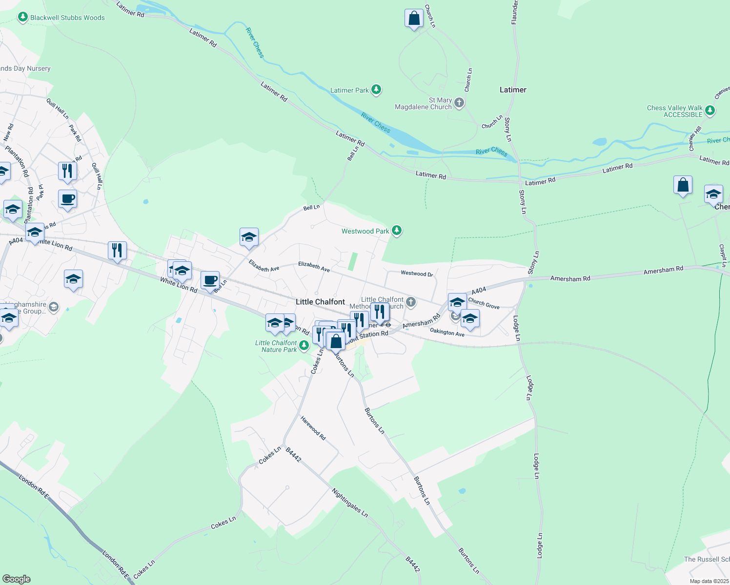 map of restaurants, bars, coffee shops, grocery stores, and more near Chenies Avenue in Little Chalfont