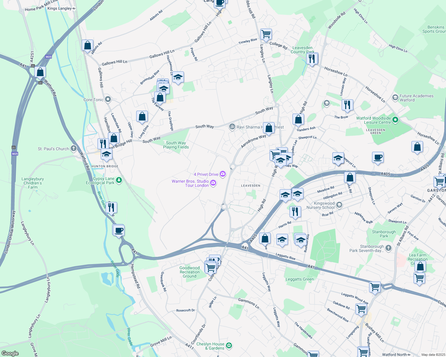 map of restaurants, bars, coffee shops, grocery stores, and more near Studio Tour Drive in Hertfordshire