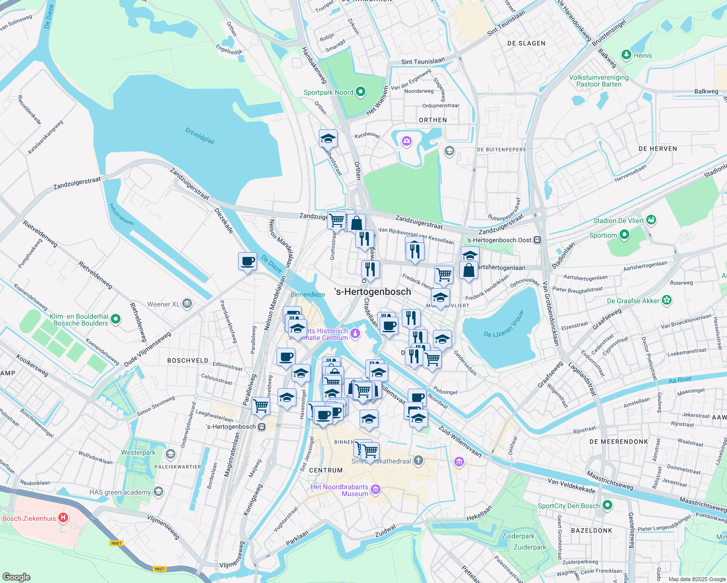 map of restaurants, bars, coffee shops, grocery stores, and more near in 's-Hertogenbosch