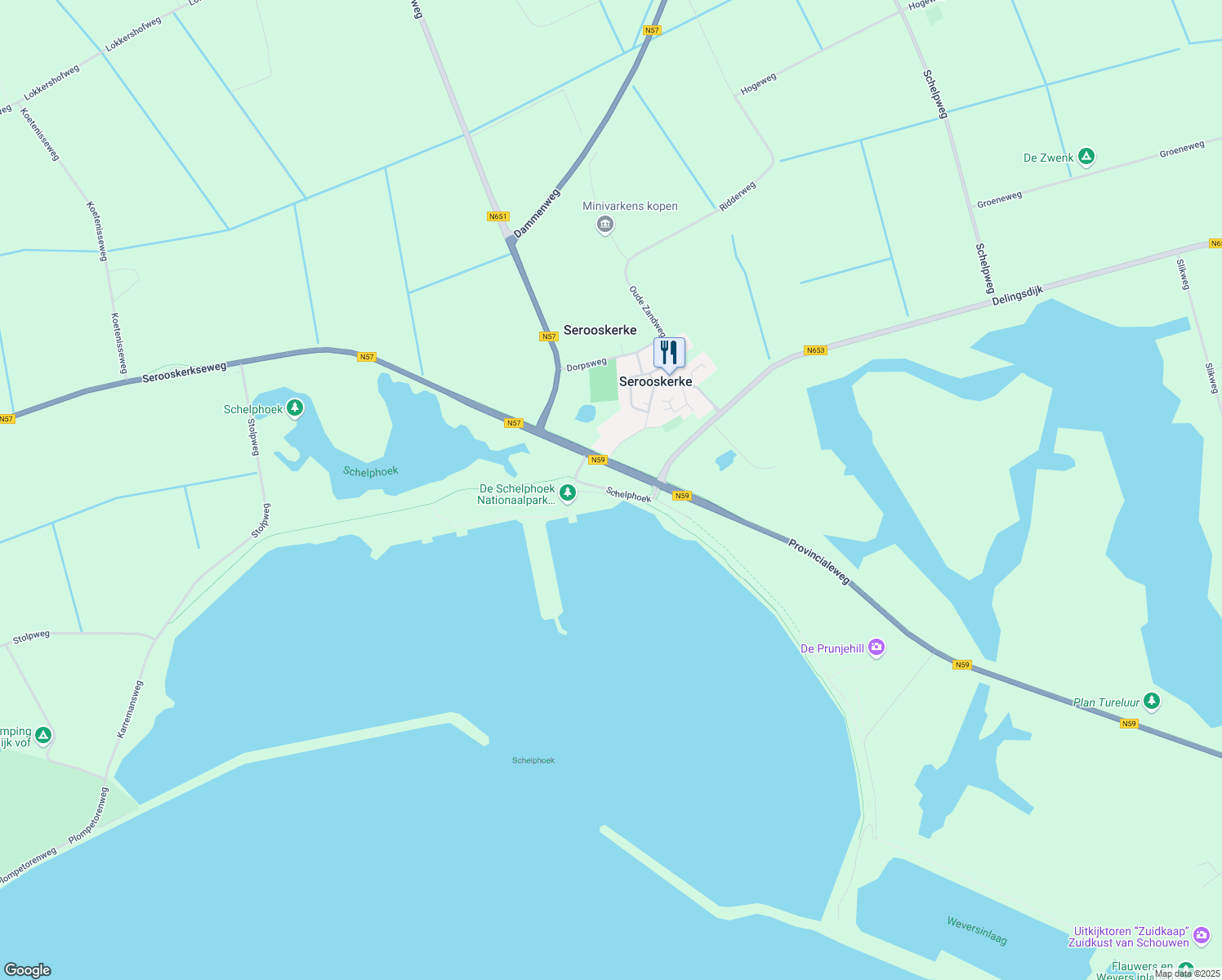 map of restaurants, bars, coffee shops, grocery stores, and more near Schelphoek in Serooskerke Schouwen