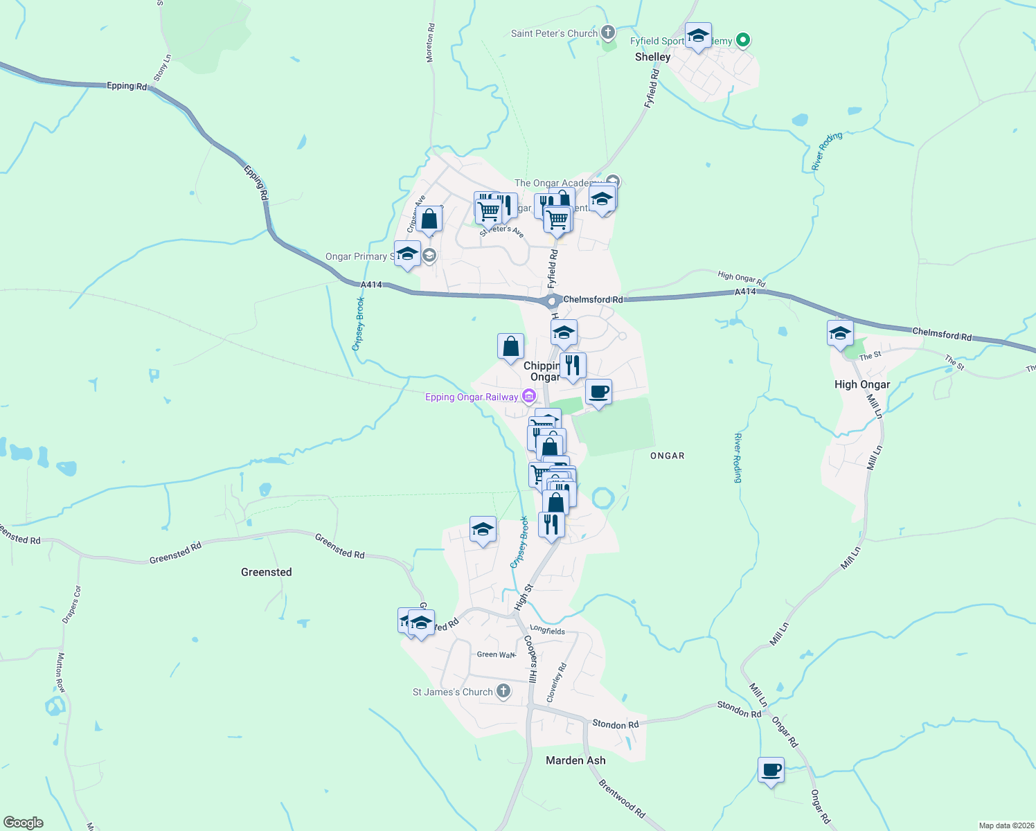 map of restaurants, bars, coffee shops, grocery stores, and more near 13 Victoria Road in Chipping Ongar