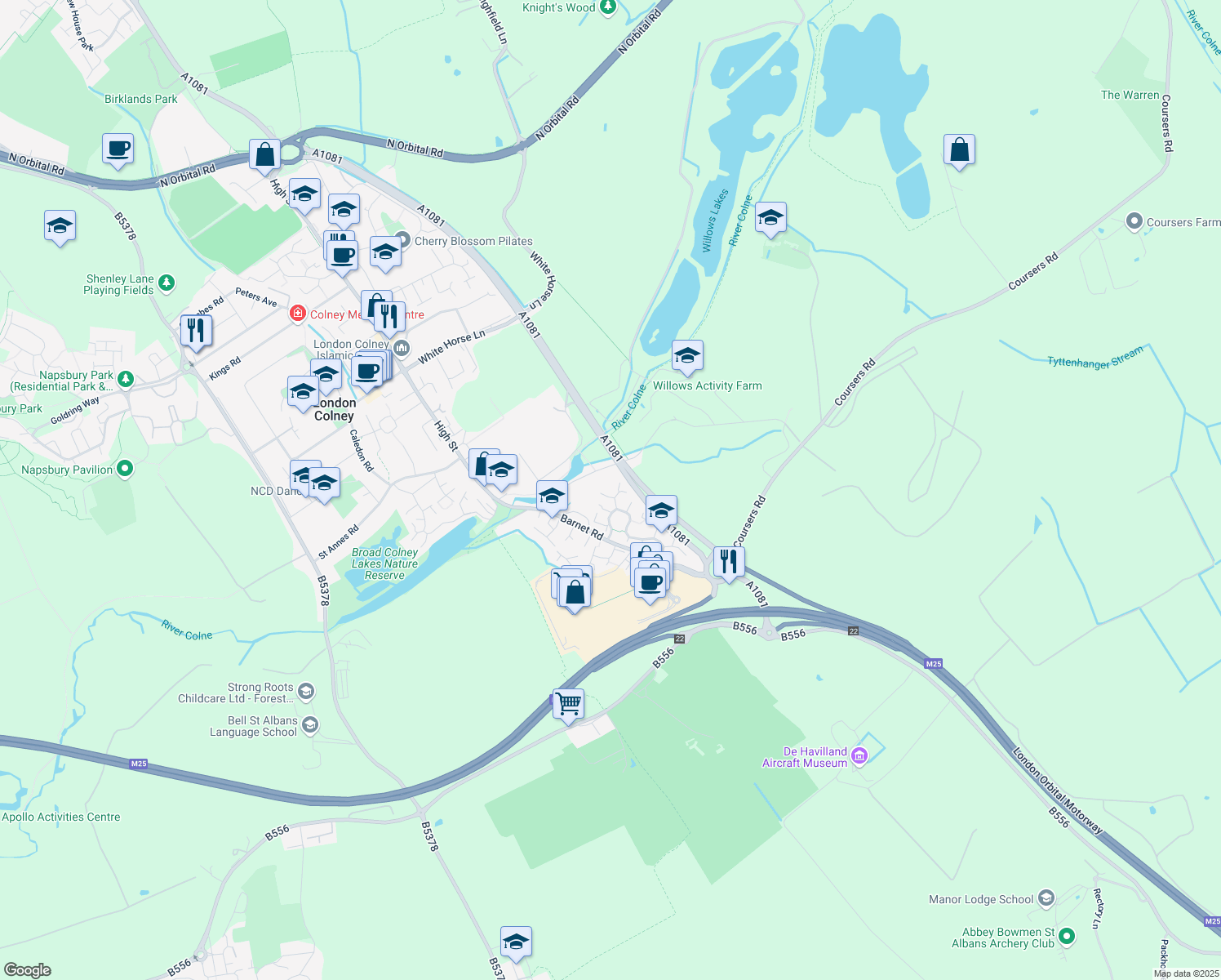 map of restaurants, bars, coffee shops, grocery stores, and more near 10 Ribbledale in London Colney