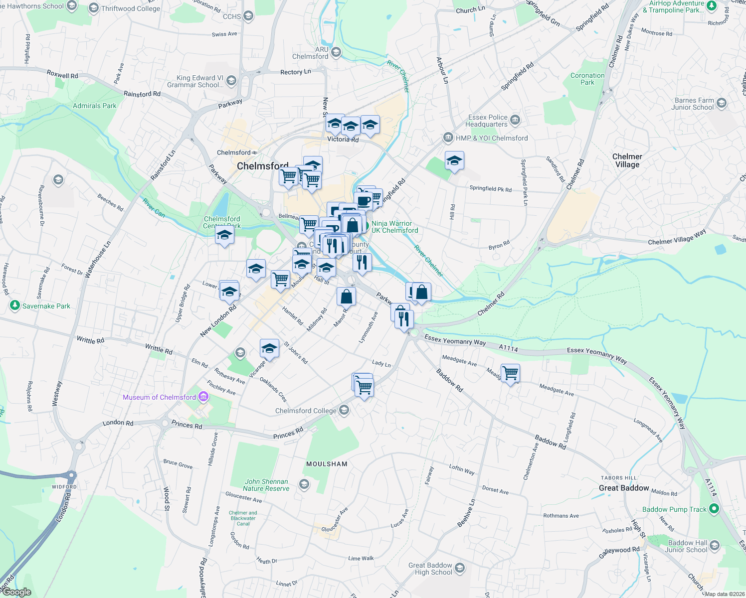 map of restaurants, bars, coffee shops, grocery stores, and more near 5 Lynmouth Gardens in Essex