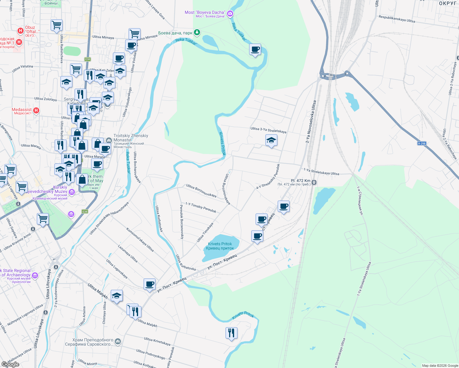 map of restaurants, bars, coffee shops, grocery stores, and more near in Kursk