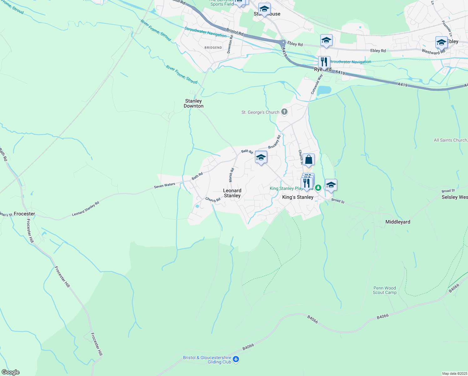 map of restaurants, bars, coffee shops, grocery stores, and more near in Leonard Stanley
