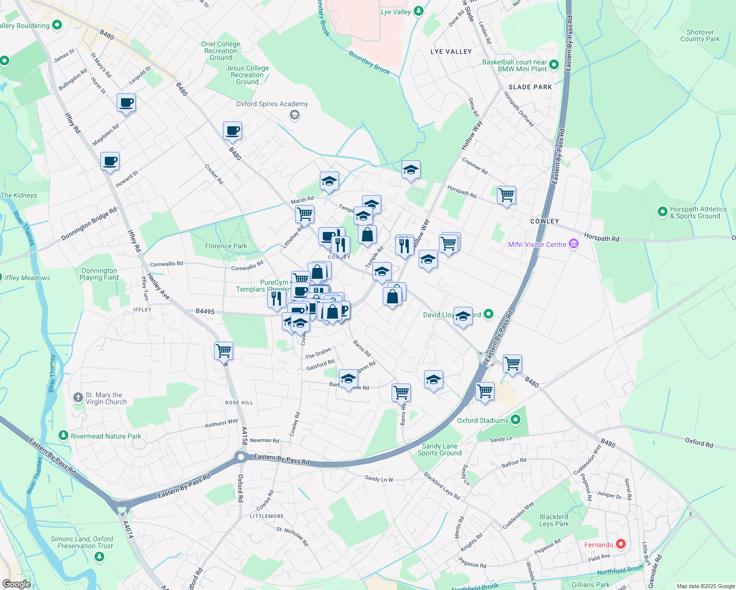 map of restaurants, bars, coffee shops, grocery stores, and more near 13 Between Towns Road in Oxfordshire