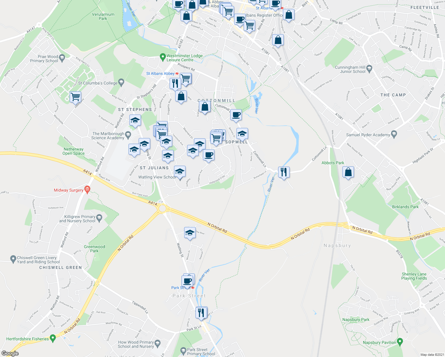 map of restaurants, bars, coffee shops, grocery stores, and more near 141 Holyrood Crescent in Hertfordshire