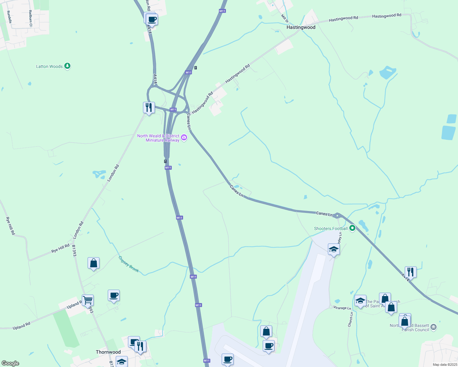 map of restaurants, bars, coffee shops, grocery stores, and more near Canes Lane in Essex