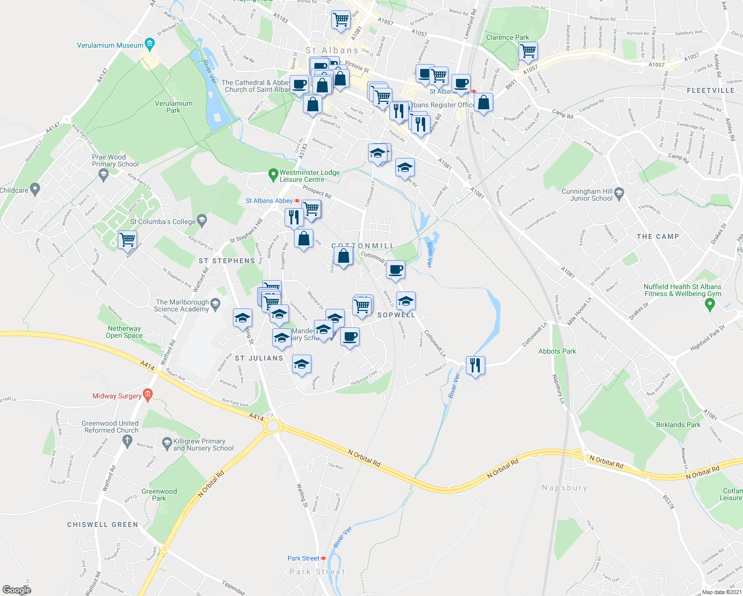 map of restaurants, bars, coffee shops, grocery stores, and more near 8 Wallingford Walk in Hertfordshire