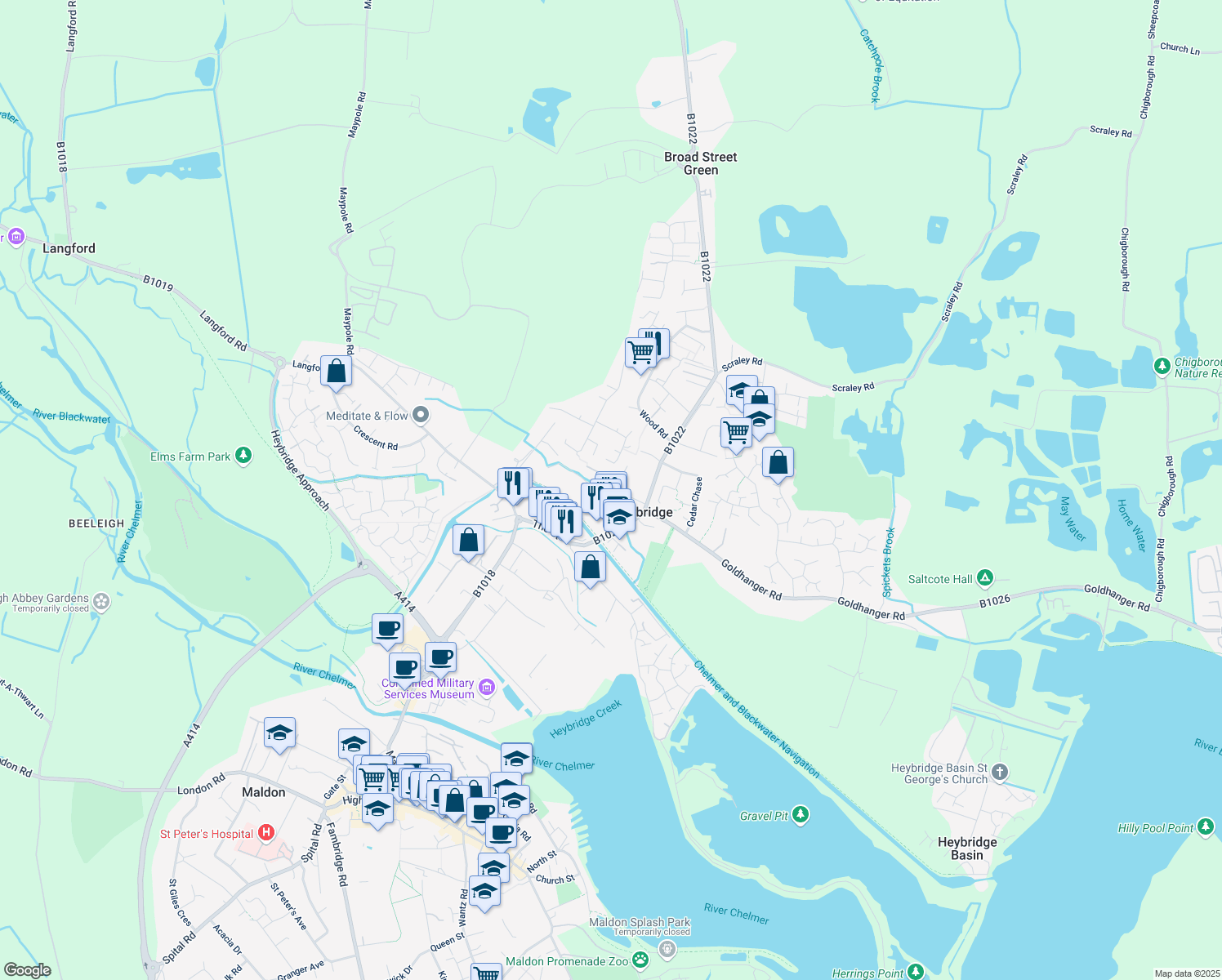 map of restaurants, bars, coffee shops, grocery stores, and more near in Heybridge