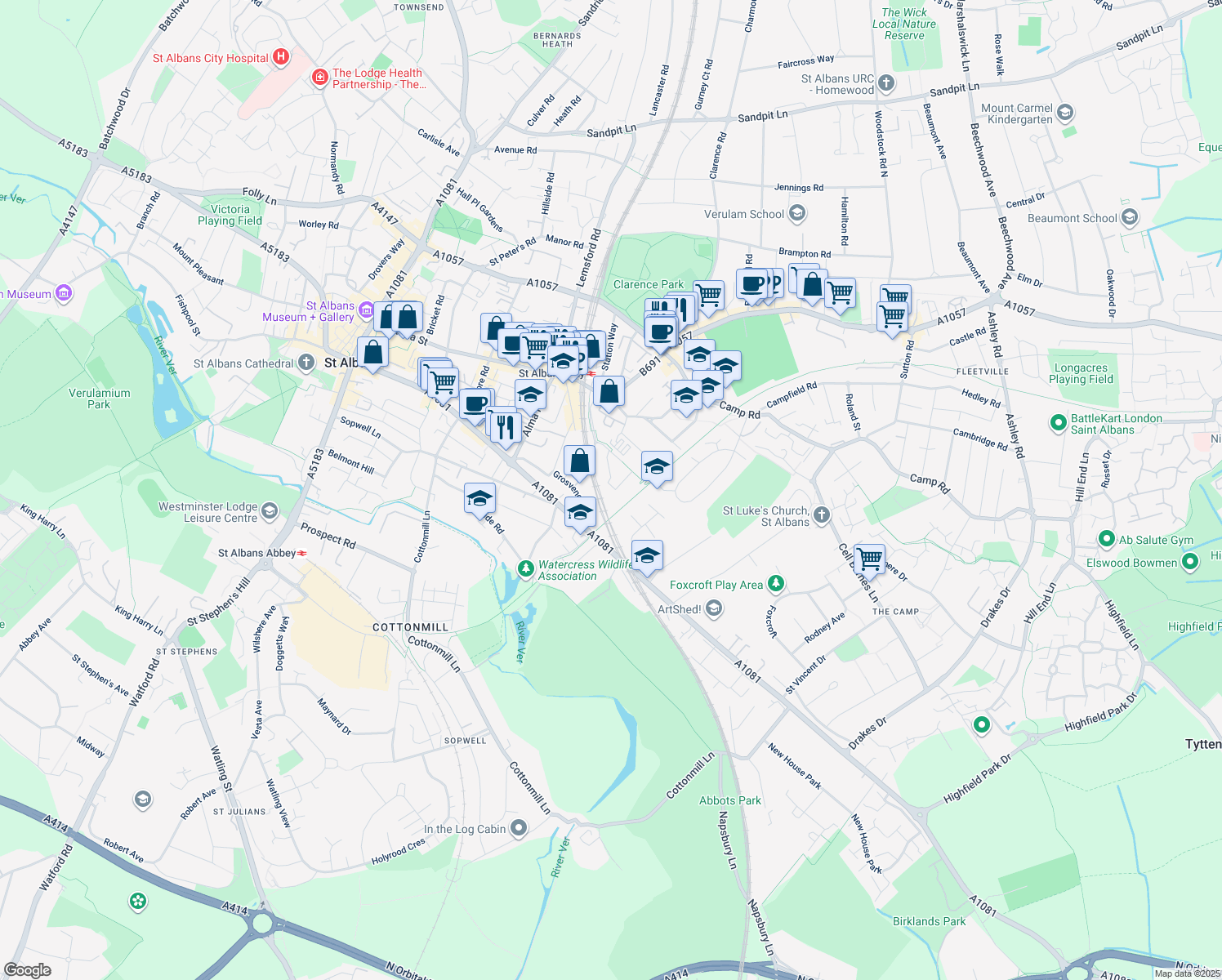 map of restaurants, bars, coffee shops, grocery stores, and more near 3 Charrington Place in Hertfordshire